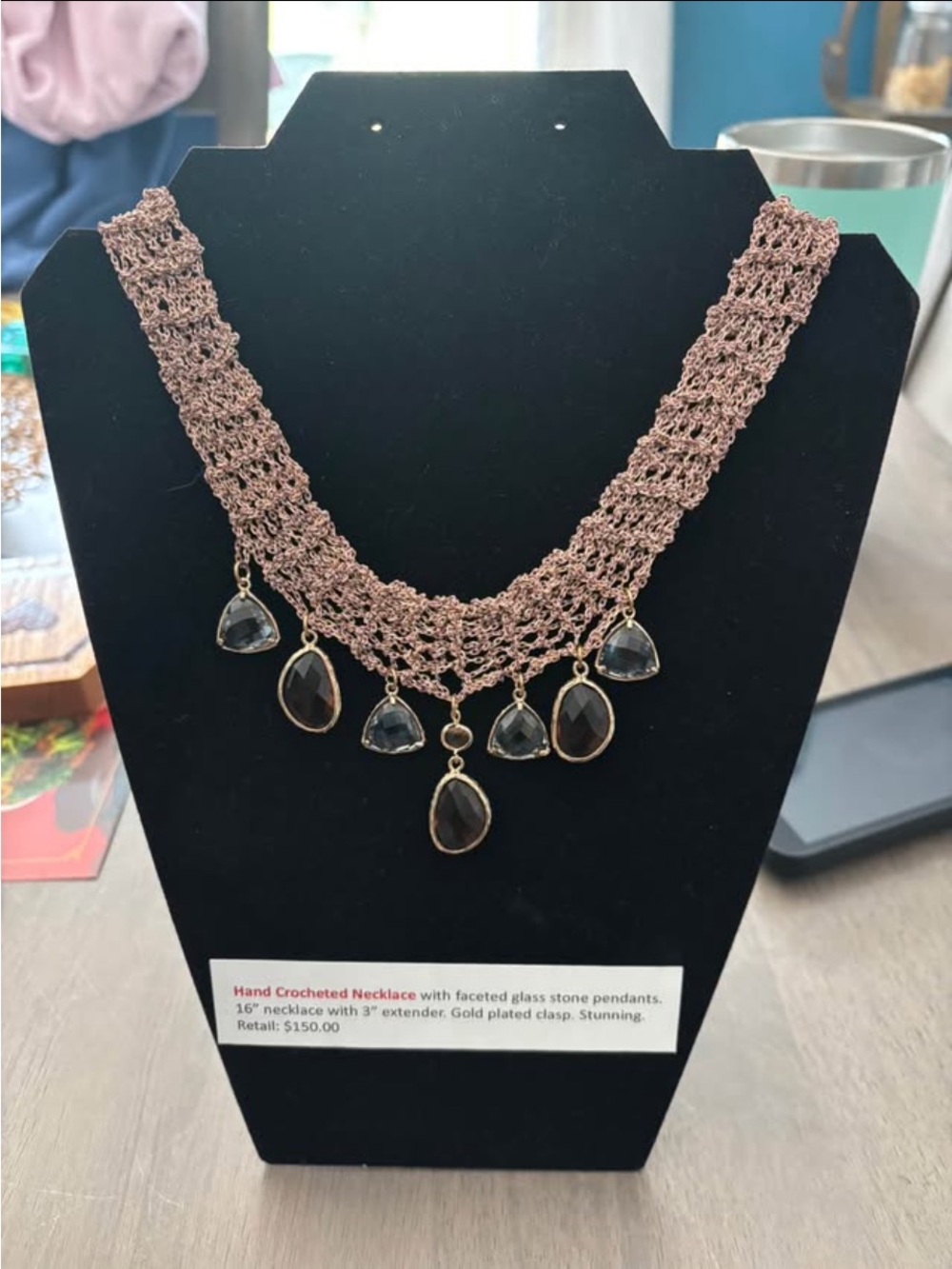Hand-Crocheted Rose Gold Necklace with Faceted Glass Pendants